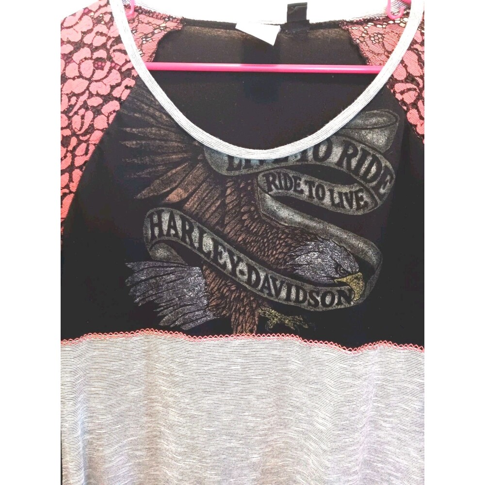 Harley-Davidson Women's Colorblock Raglan Top Coral Lace Eagle Live To Ride Sz L - Picture 2 of 10